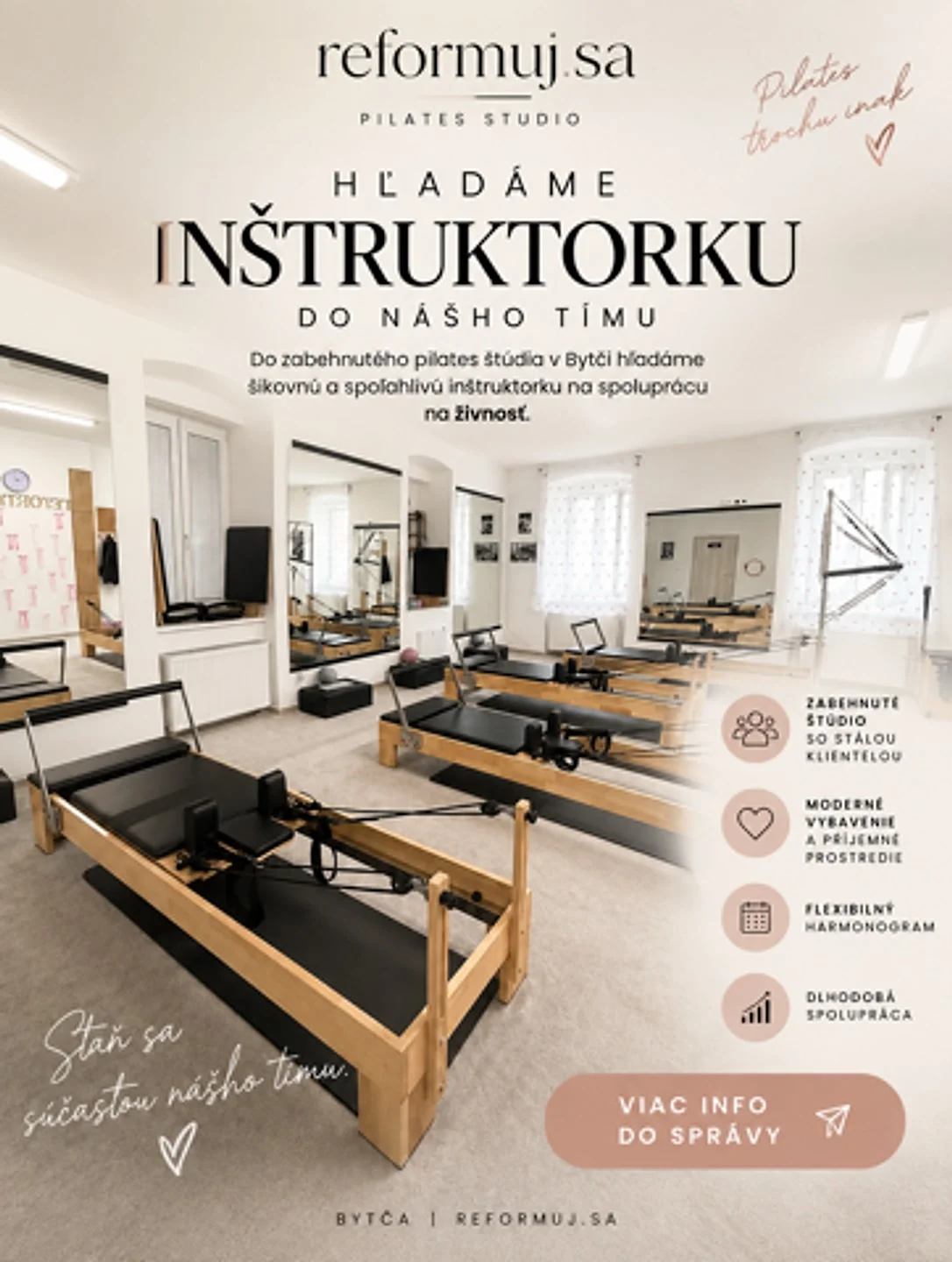 Plagát: Hľadáme inštruktorku do nášho tímu — pilates štúdio Reformuj.sa, Bytča. Do zabehnutého pilates štúdia v Bytči hľadáme šikovnú a spoľahlivú inštruktorku na spoluprácu na živnosť.